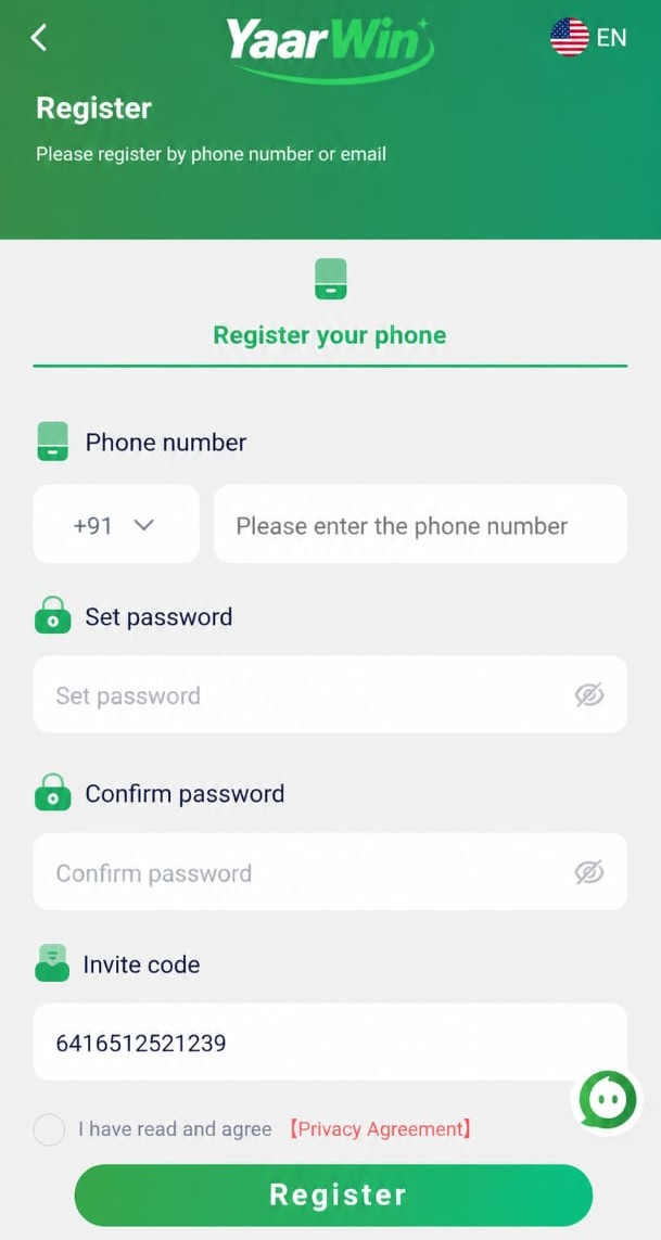 YaarWin register screen with phone, password and invite code fields